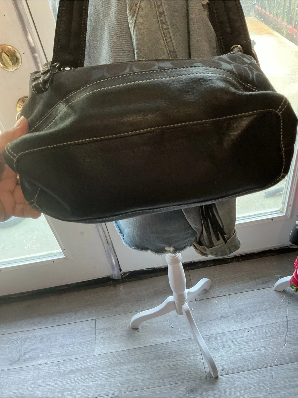 Coach Black Canvas Shoulder Bag with Gold Chain and Pink Accents
